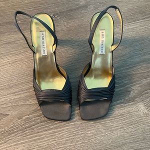 ANN MARINO navy grey shirred Fabric Open Toe Slingback Heels